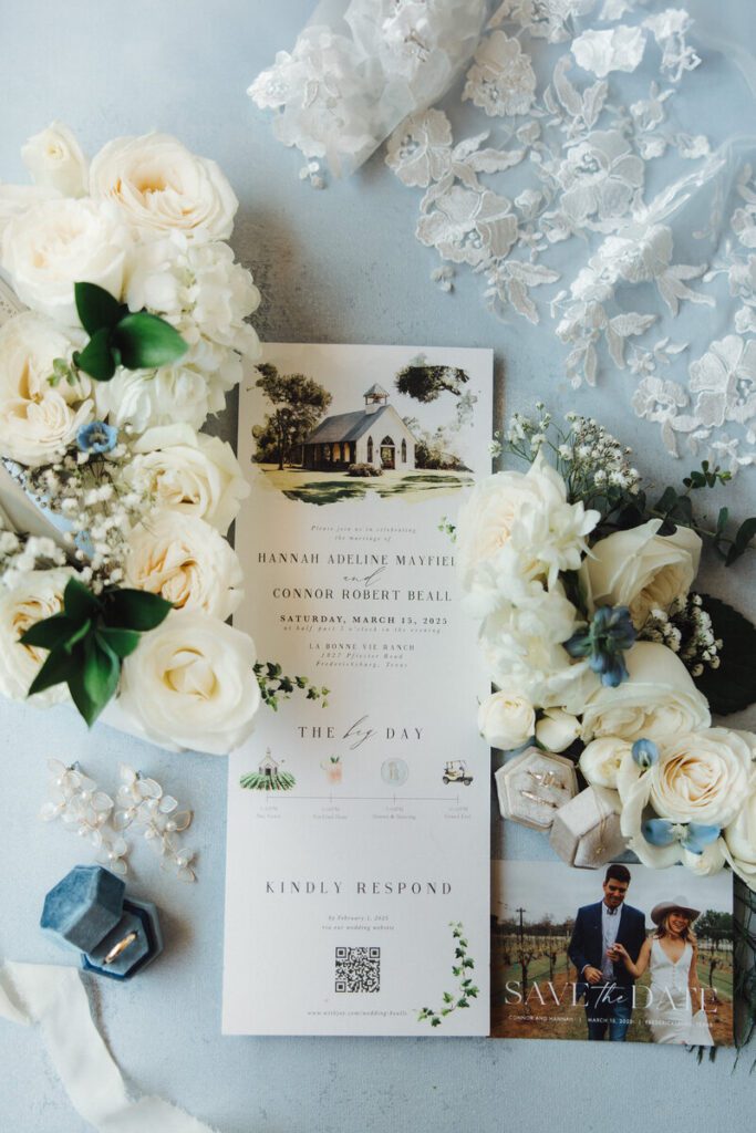 bridal details and invitation for a La Bonne Vie Ranch wedding